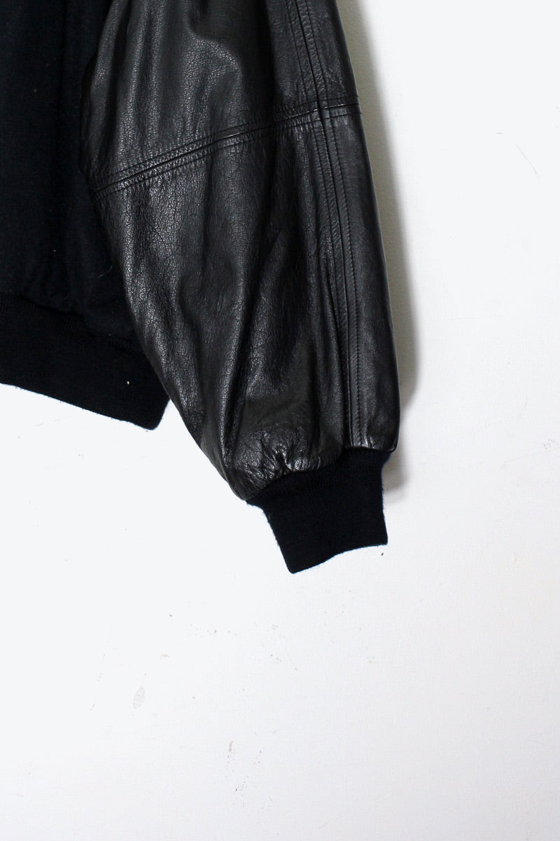 90'S BACK EMBROIDERY LOGO WOOL LEATHER STADIUM JACKET / BLACK [SIZE: XL USED]