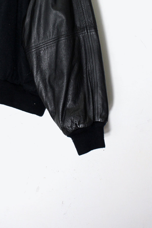 90'S BACK EMBROIDERY LOGO WOOL LEATHER STADIUM JACKET / BLACK [SIZE: XL USED]
