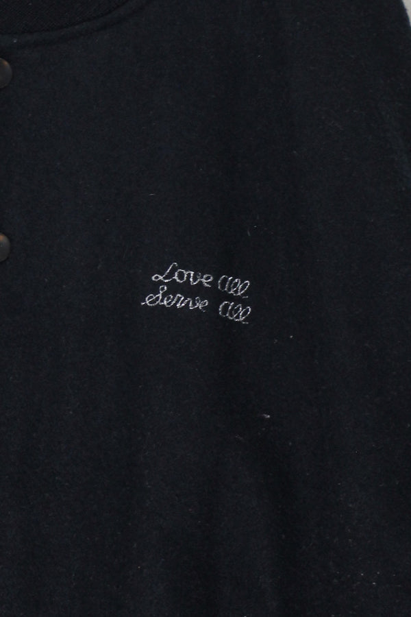 90'S BACK EMBROIDERY LOGO WOOL LEATHER STADIUM JACKET / BLACK [SIZE: XL USED]