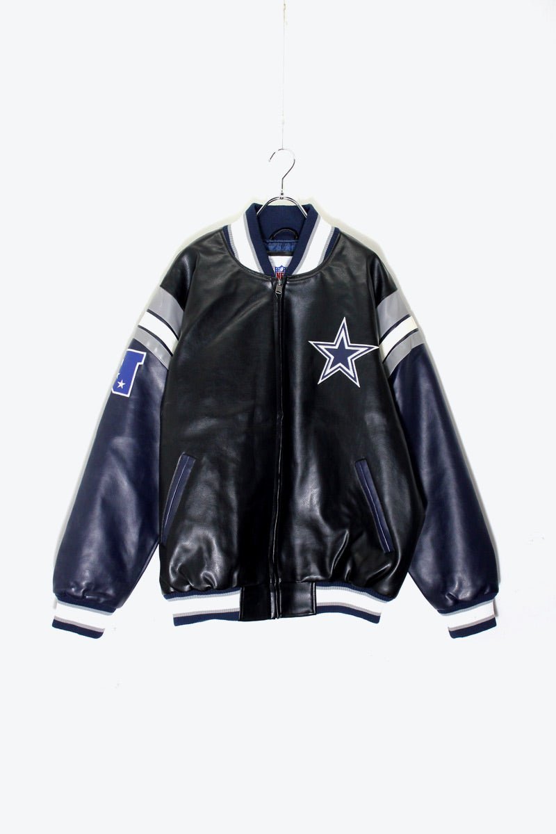 90'S DALLAS COWBOYS NHL VEGAN LEATHER STADIUM JACKET / BLACK / NAVY［SIZE: L DEADSTOCK/NOS ]