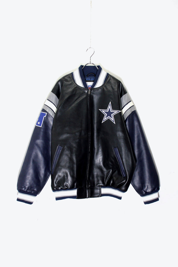 90'S DALLAS COWBOYS NHL VEGAN LEATHER STADIUM JACKET / BLACK / NAVY［SIZE: L DEADSTOCK/NOS ]