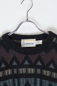 MADE IN USA 80'S DESIGN ACRYLIC WOOL KNIT SWEATER / BLACK  [SIZE: M USED]