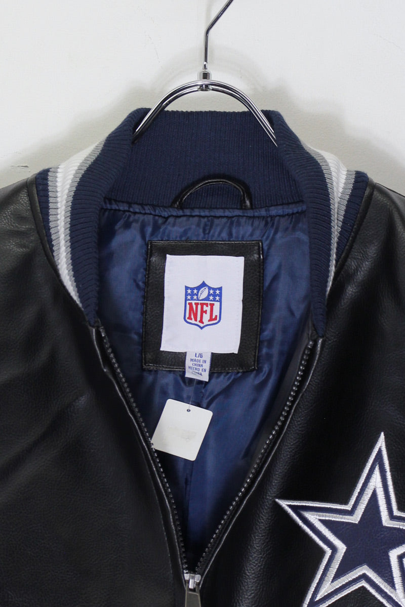 90'S DALLAS COWBOYS NHL VEGAN LEATHER STADIUM JACKET / BLACK / NAVY［SIZE: L DEADSTOCK/NOS ]