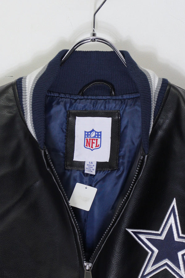 90'S DALLAS COWBOYS NHL VEGAN LEATHER STADIUM JACKET / BLACK / NAVY［SIZE: L DEADSTOCK/NOS ]