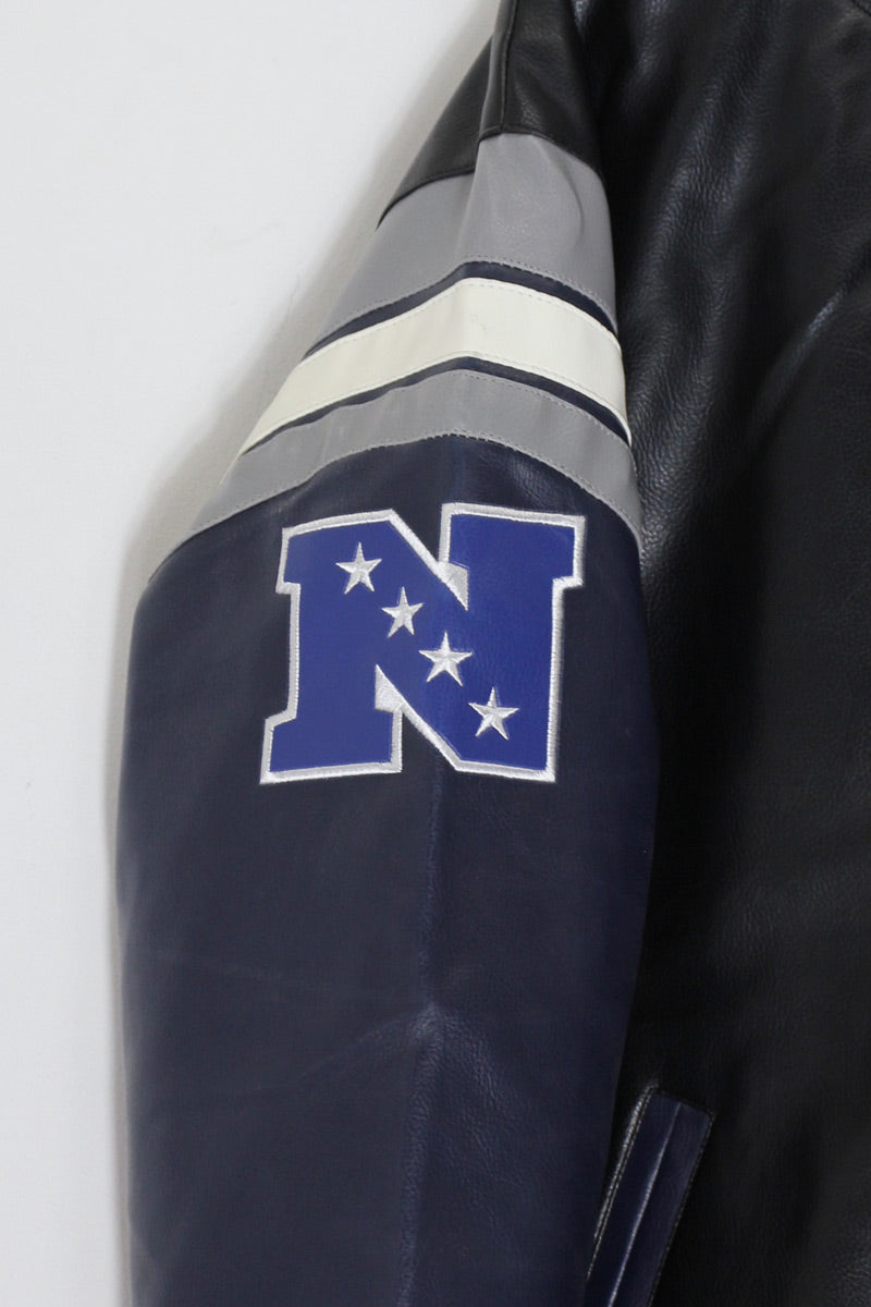 90'S DALLAS COWBOYS NHL VEGAN LEATHER STADIUM JACKET / BLACK / NAVY［SIZE: L DEADSTOCK/NOS ]