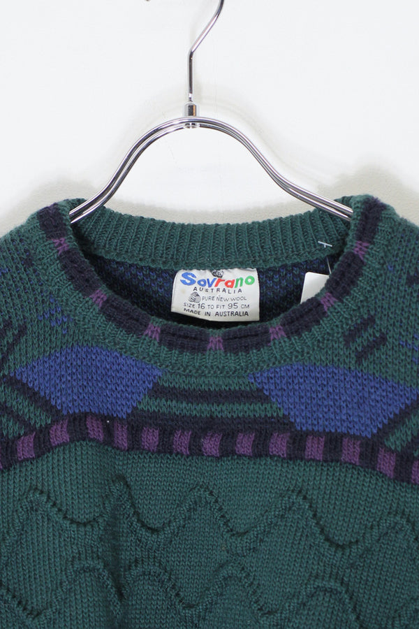 MADE IN AUSTRALIA 90'S 3D DESIGN WOOL KNIT SWEATER / GREEN [SIZE: M USED]