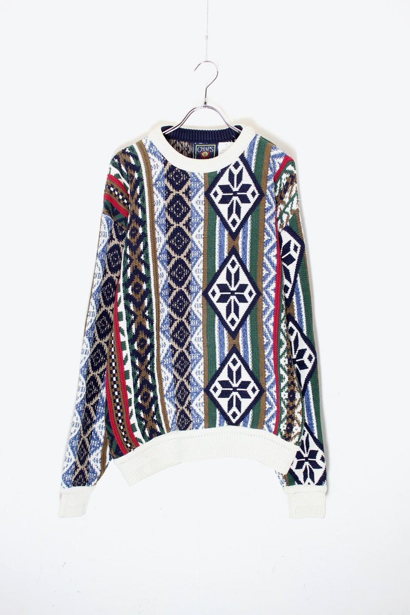 MADE IN USA 90'S 3D DESIGN COTTON KNIT SWEATER / WHITE [SIZE: XL USED]