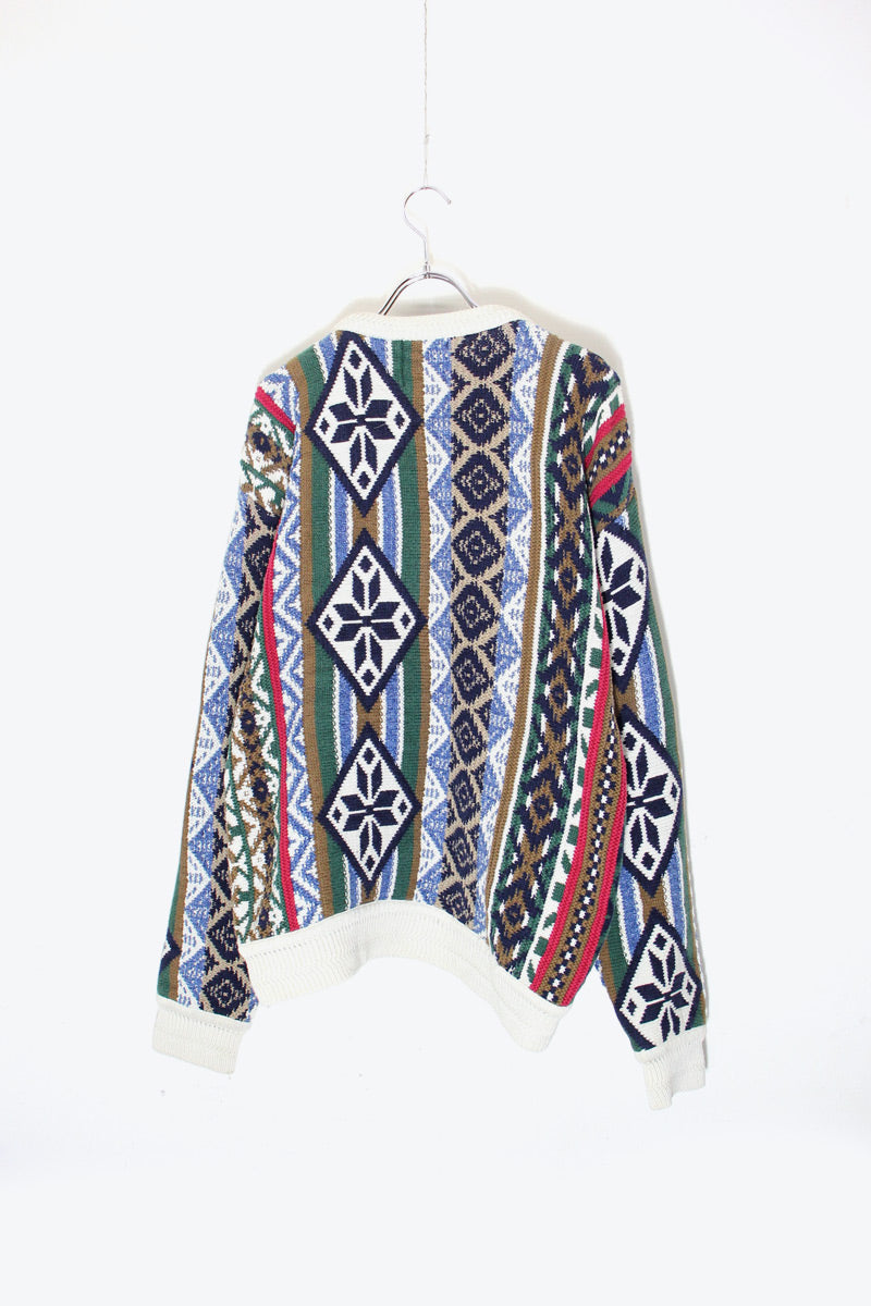 MADE IN USA 90'S 3D DESIGN COTTON KNIT SWEATER / WHITE [SIZE: XL USED]
