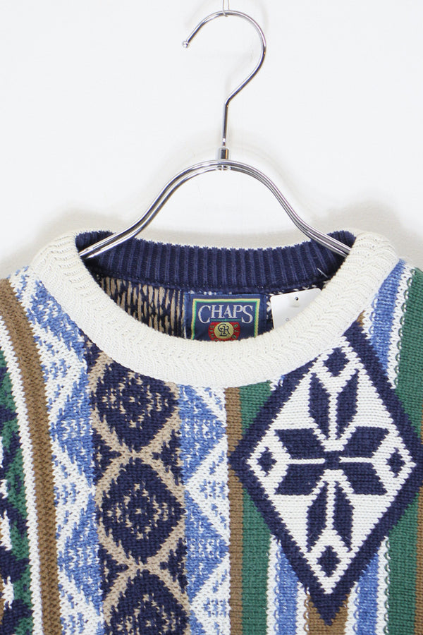 MADE IN USA 90'S 3D DESIGN COTTON KNIT SWEATER / WHITE [SIZE: XL USED]