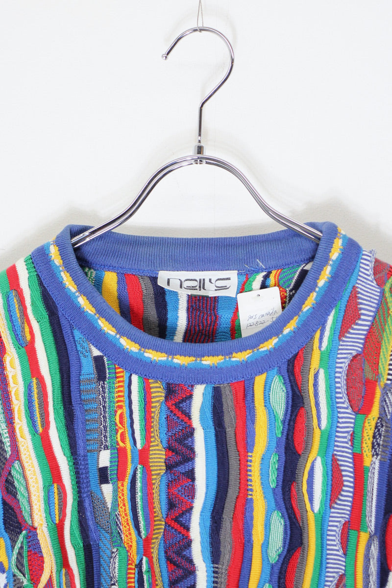 MADE IN CANADA 90s 3D DESIGN COTTON KNIT SWEATER / BLUE [SIZE: L USED]