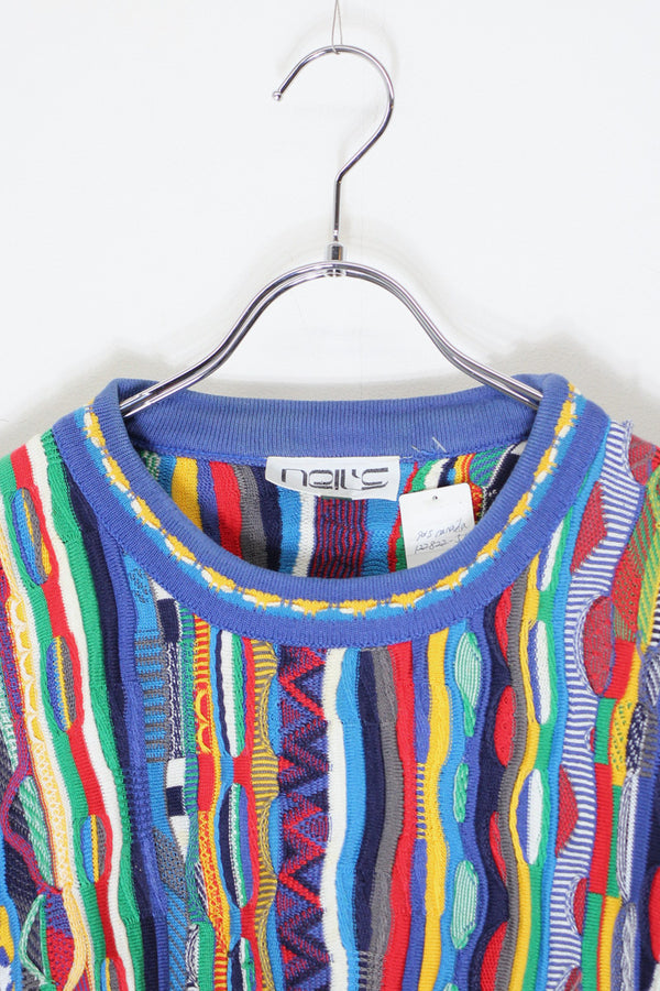 MADE IN CANADA 90s 3D DESIGN COTTON KNIT SWEATER / BLUE [SIZE: L USED]