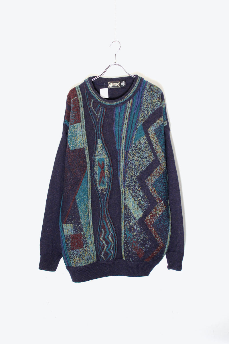 90'S 3D DESIGN WOOL KNIT SWEATER / NAVY [SIZE: L USED]