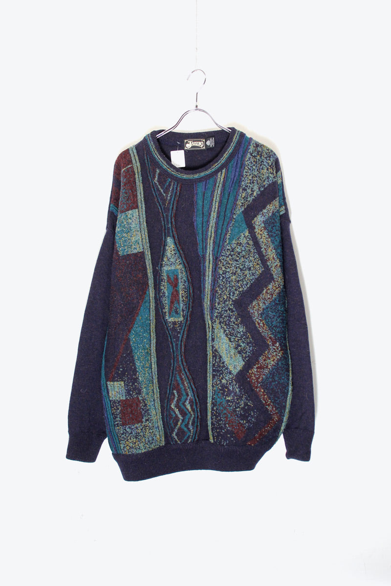 90'S 3D DESIGN WOOL KNIT SWEATER / NAVY  [SIZE: L USED]
