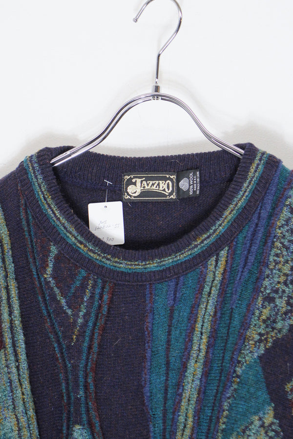 90'S 3D DESIGN WOOL KNIT SWEATER / NAVY [SIZE: L USED]