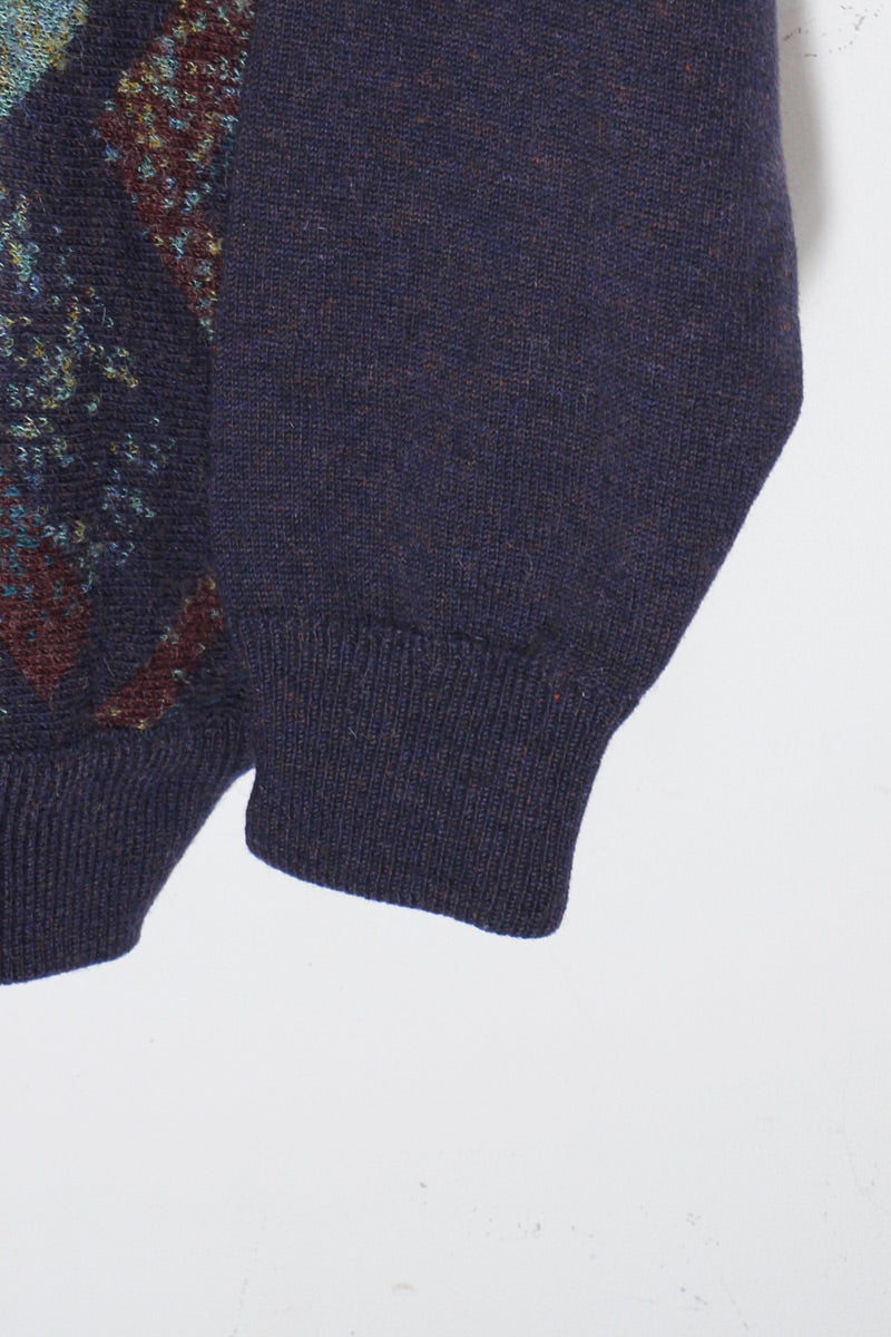90'S 3D DESIGN WOOL KNIT SWEATER / NAVY [SIZE: L USED]