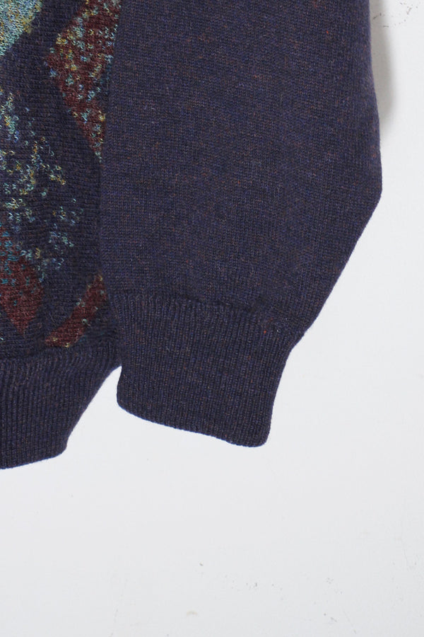90'S 3D DESIGN WOOL KNIT SWEATER / NAVY [SIZE: L USED]