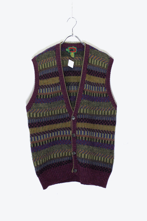 90s BORDER DESIGN BUTTON WOOL KNIT VEST / PURPLE / OLIVE [SIZE: XL USED]