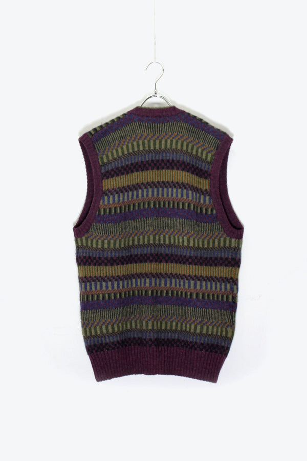 90s BORDER DESIGN BUTTON WOOL KNIT VEST / PURPLE / OLIVE [SIZE: XL USED]