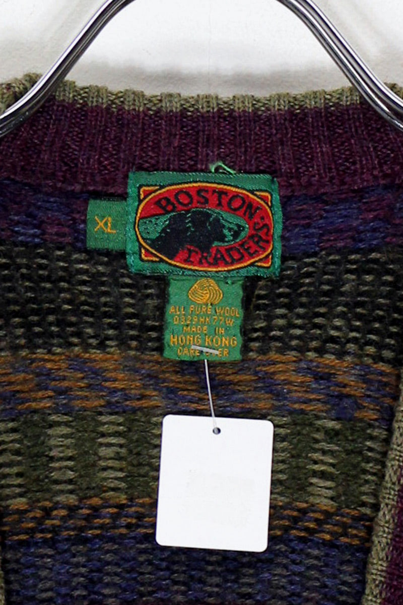 90s BORDER DESIGN BUTTON WOOL KNIT VEST / PURPLE / OLIVE [SIZE: XL USED]