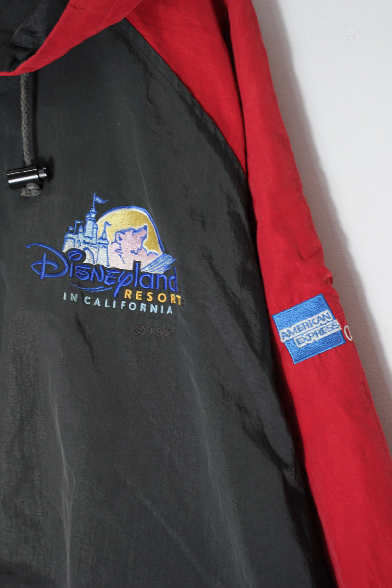 MADE IN USA 90'S DISNEY LAND NYLON ZIP HOODIE JACKET / CHARCOAL GREY/RED [SIZE: L equivalent USED]