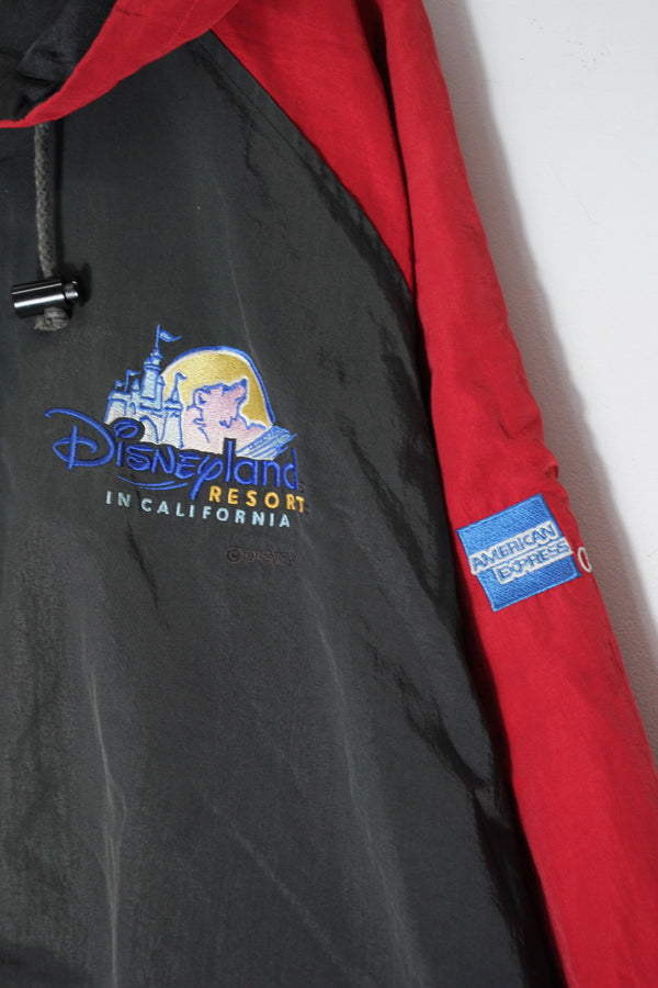 MADE IN USA 90'S DISNEY LAND NYLON ZIP HOODIE JACKET / CHARCOAL GREY/RED [SIZE: L equivalent USED]