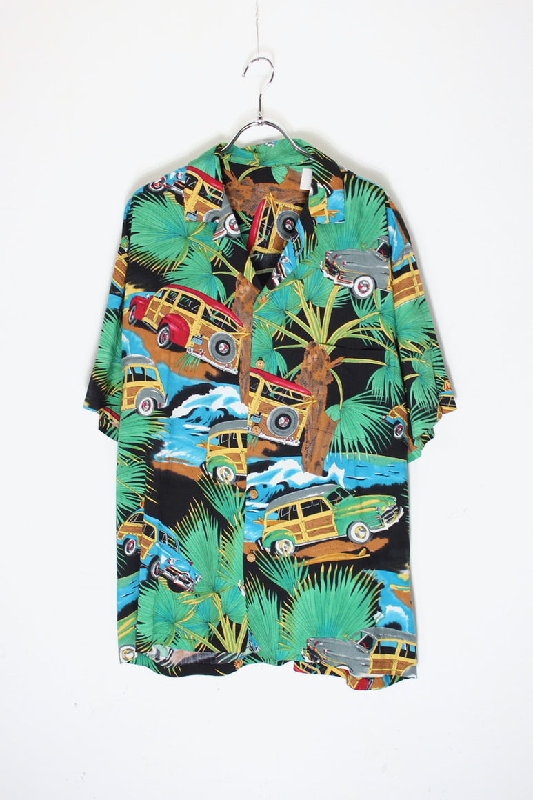 S/S PALM TREE & CAR HAWAIAN SHIRT / BLACK/GREEN [SIZE: XL相当 USED]