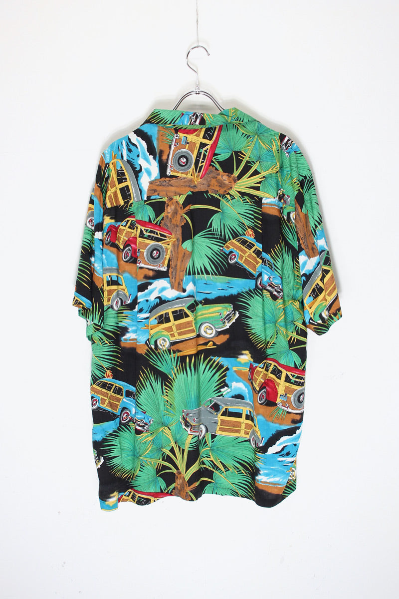 S/S PALM TREE & CAR HAWAIIAN SHIRT / BLACK/GREEN [SIZE: Equivalent to XL USED]