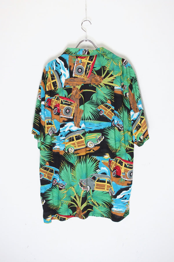 S/S PALM TREE & CAR HAWAIIAN SHIRT / BLACK/GREEN [SIZE: Equivalent to XL USED]