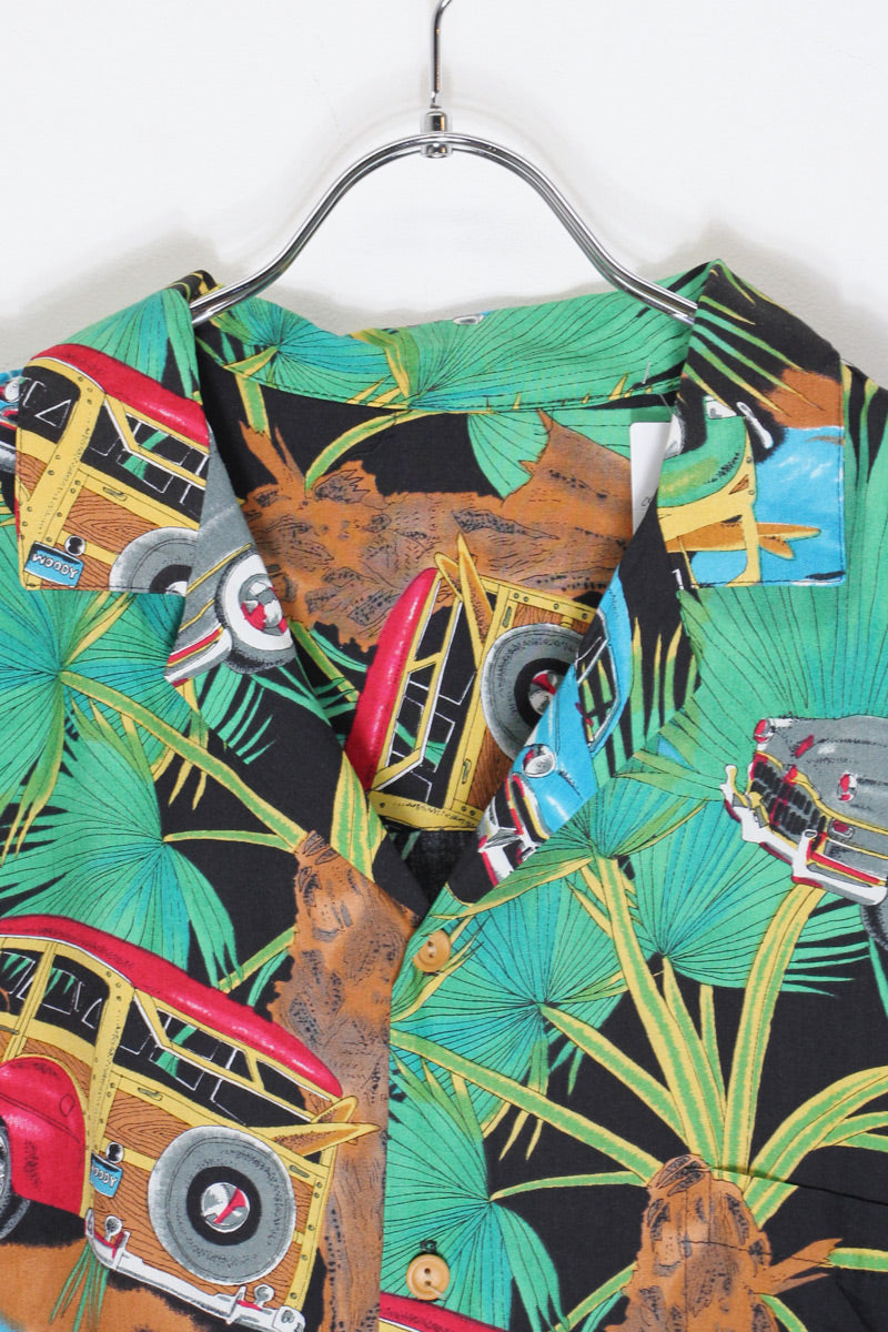 S/S PALM TREE & CAR HAWAIIAN SHIRT / BLACK/GREEN [SIZE: Equivalent to XL USED]