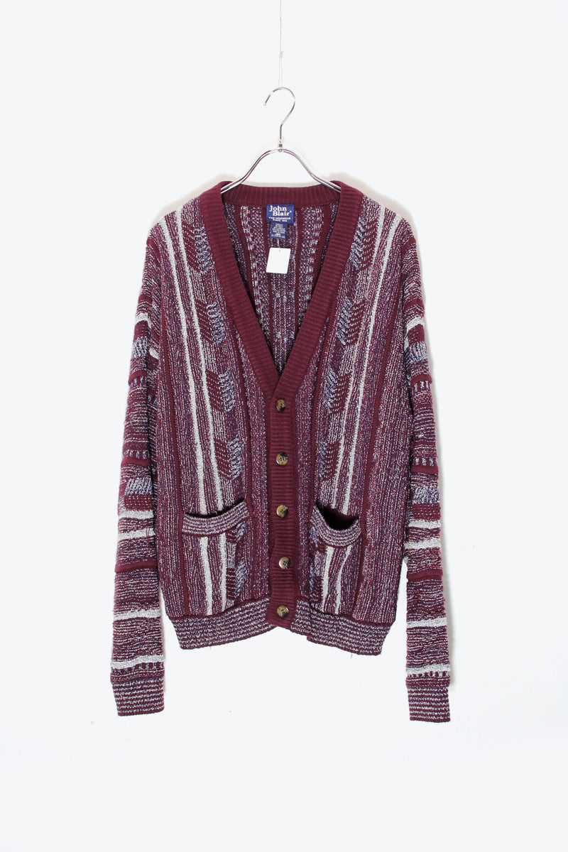90'S ACRYLIC DESIGN KNIT CARDIGAN / BURGUNDY [SIZE: M USED]