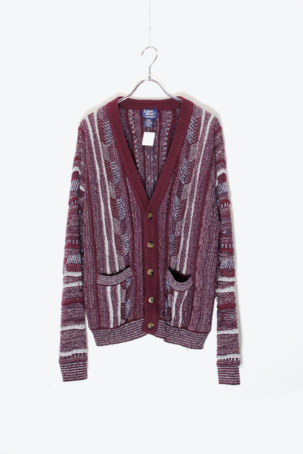 90'S ACRYLIC DESIGN KNIT CARDIGAN / BURGUNDY [SIZE: M USED]