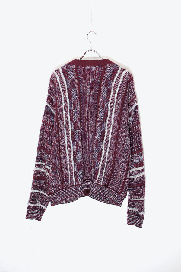 90'S ACRYLIC DESIGN KNIT CARDIGAN / BURGUNDY [SIZE: M USED]