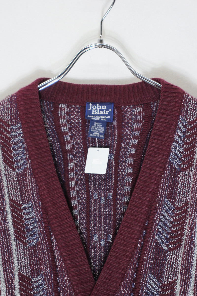 90'S ACRYLIC DESIGN KNIT CARDIGAN / BURGUNDY [SIZE: M USED]