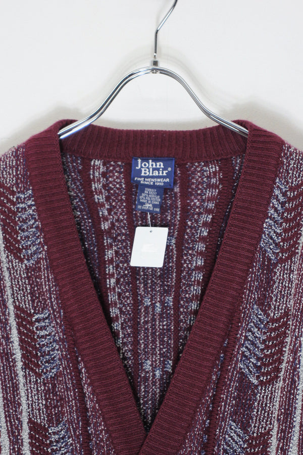90'S ACRYLIC DESIGN KNIT CARDIGAN / BURGUNDY [SIZE: M USED]