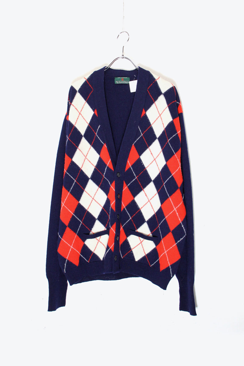 MADE IN SCOTLAND 90'S ARGYLE DESIGN WOOL KNIT CARDIGAN / NAVY [SIZE: L USED]