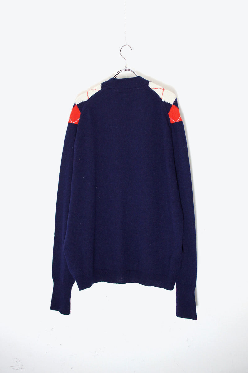 MADE IN SCOTLAND 90'S ARGYLE DESIGN WOOL KNIT CARDIGAN / NAVY [SIZE: L USED]