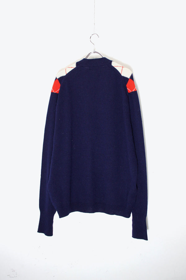 MADE IN SCOTLAND 90'S ARGYLE DESIGN WOOL KNIT CARDIGAN / NAVY [SIZE: L USED]