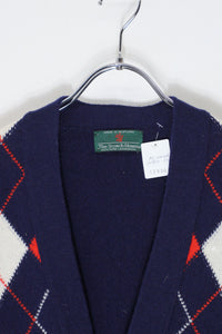 MADE IN SCOTLAND 90'S ARGYLE DESIGN WOOL KNIT CARDIGAN / NAVY [SIZE: L USED]