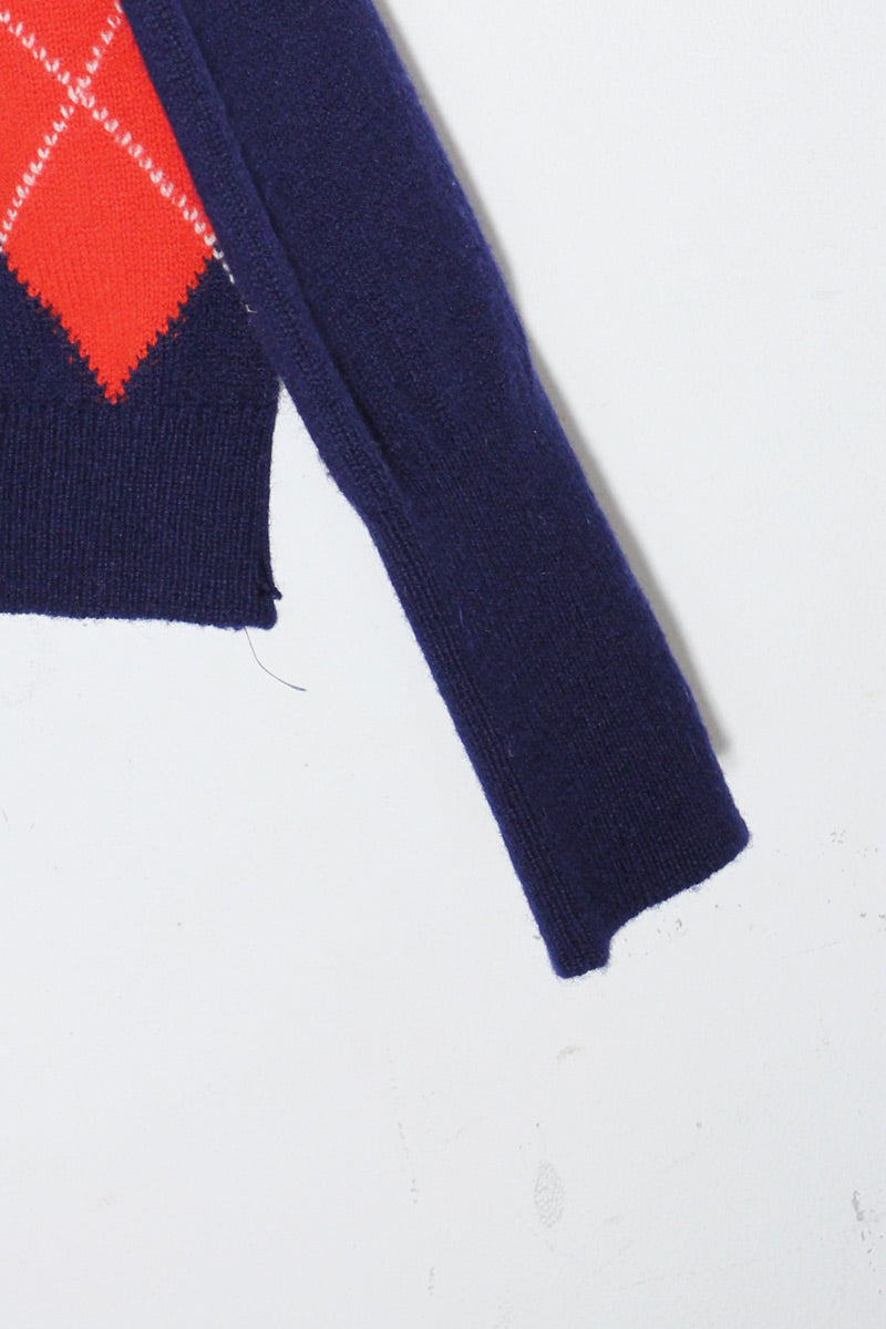 MADE IN SCOTLAND 90'S ARGYLE DESIGN WOOL KNIT CARDIGAN / NAVY [SIZE: L USED]