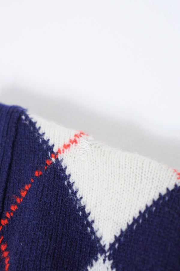 MADE IN SCOTLAND 90'S ARGYLE DESIGN WOOL KNIT CARDIGAN / NAVY [SIZE: L USED]