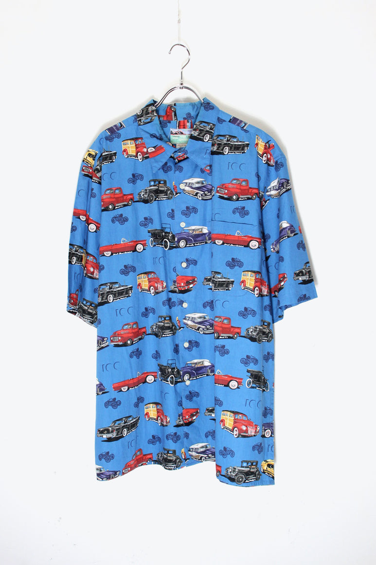 MADE IN HAWAII 90'S S/S CAR PATTERN COTTON HWAIIIAN SHIRT / BLUE [SIZE: XL USED]