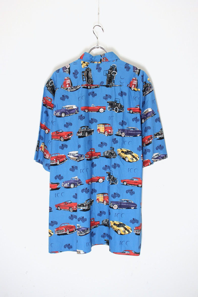 MADE IN HAWAII 90'S S/S CAR PATTERN COTTON HAWAIIAN SHIRT / BLUE [SIZE: XL USED]