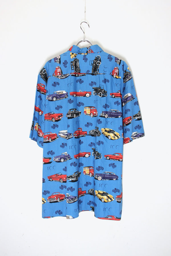 MADE IN HAWAII 90'S S/S CAR PATTERN COTTON HAWAIIAN SHIRT / BLUE [SIZE: XL USED]