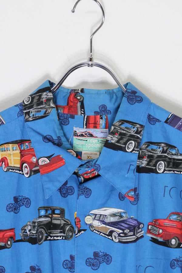 MADE IN HAWAII 90'S S/S CAR PATTERN COTTON HAWAIIAN SHIRT / BLUE [SIZE: XL USED]