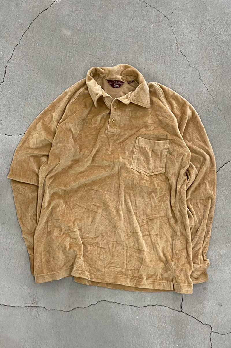 90'S L/S OPEN COLLAR VELOR POLO SHIRT / BEIGE [SIZE: L USED]