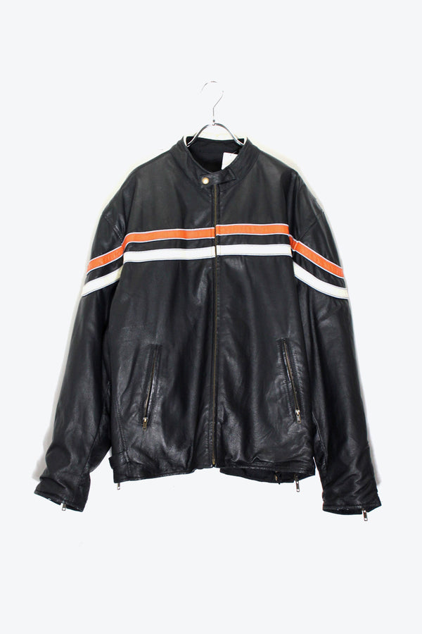 REVERSIBLE RACING ZIP UP NYLON LEATHER JACKET / BLACK [SIZE: 2XL USED]