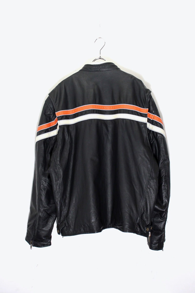 REVERSIBLE RACING ZIP UP NYLON LEATHER JACKET / BLACK [SIZE: 2XL USED]
