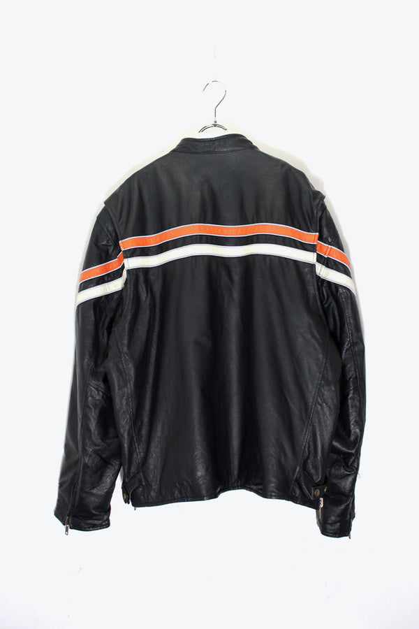 REVERSIBLE RACING ZIP UP NYLON LEATHER JACKET / BLACK [SIZE: 2XL USED]