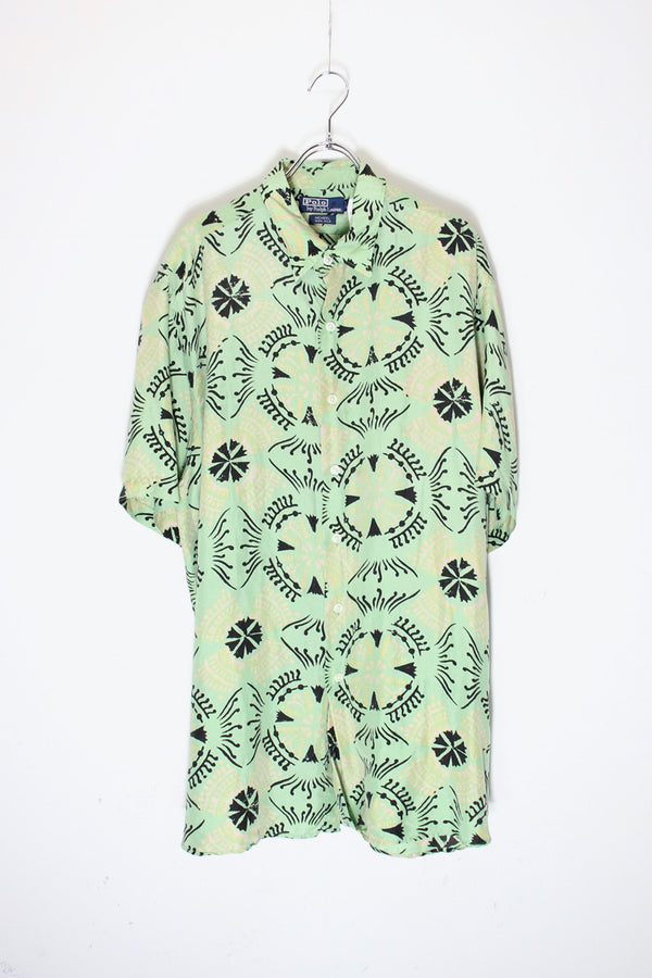90'S S/S PATTERN SILK OPEN COLLAR SHIRT / LIME/YELLOW/BLACK [SIZE: XL USED]