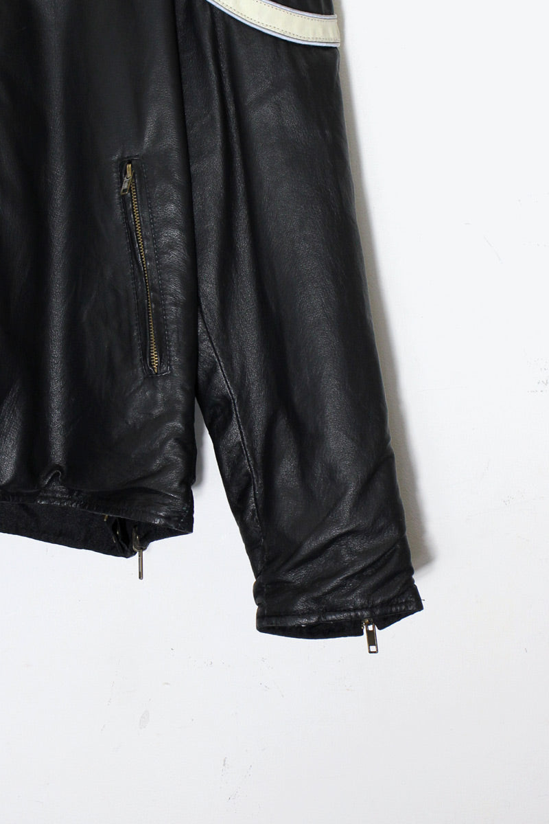 REVERSIBLE RACING ZIP UP NYLON LEATHER JACKET / BLACK [SIZE: 2XL USED]